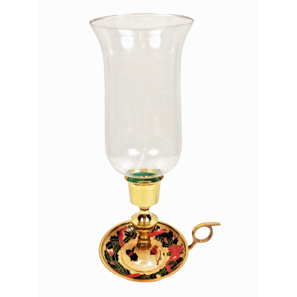 Vintage Brass Chamber Candlestick Holder Painted Enamel Holly Berry Glass Globe